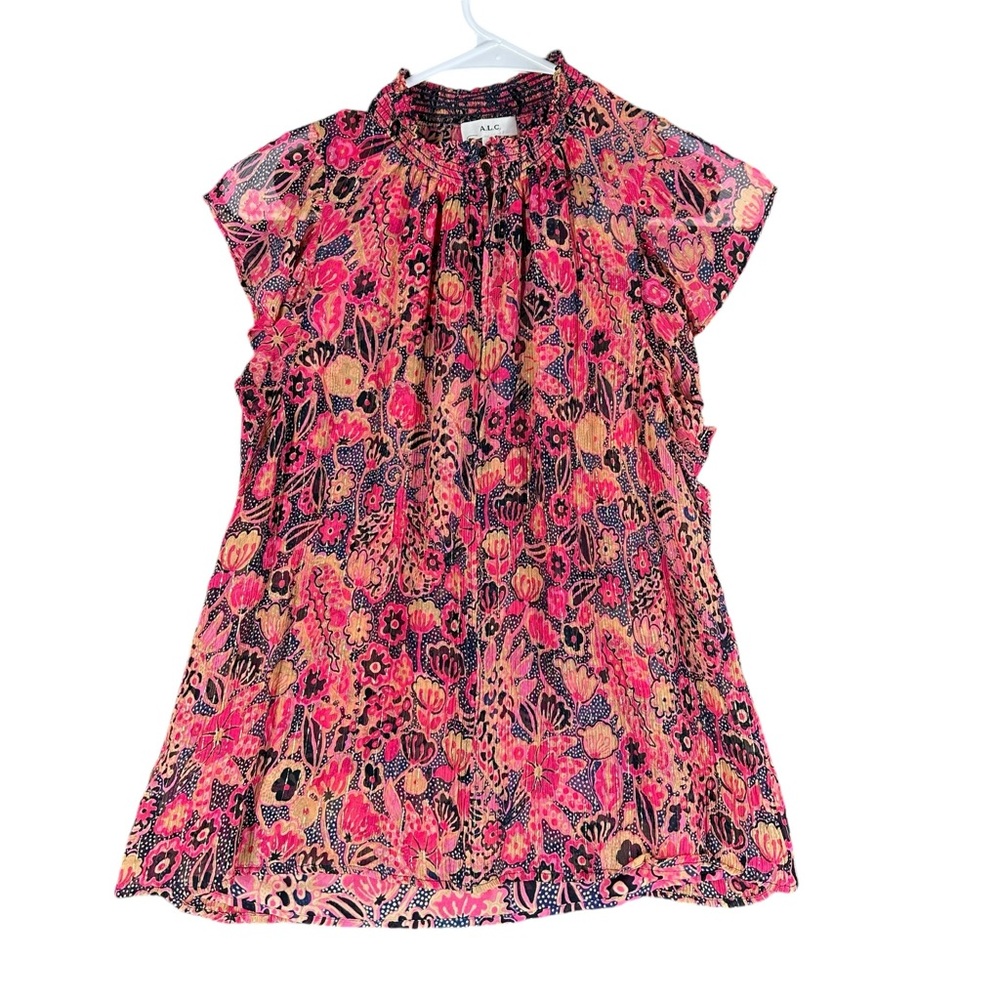 A.L.C. Women’s 4 Hayley Printed Top Silk Blend Chiffon Flutter Sleeve Blouse - Picture 1 of 14